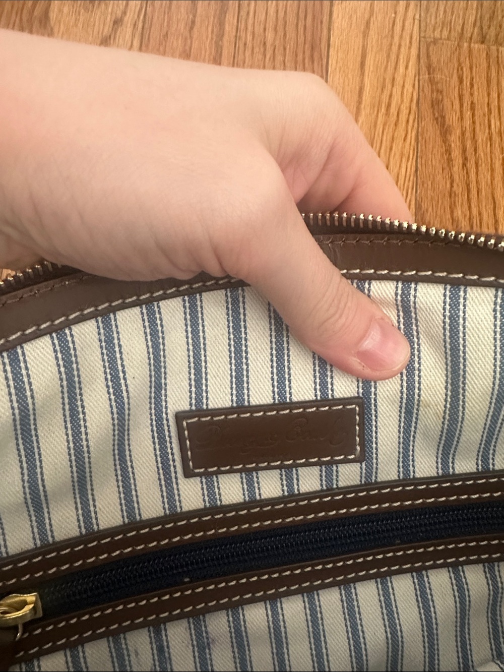 Dooney & Bourke Brown and Tan Woven Satchel With Gold Plaque - Picture 13 of 16